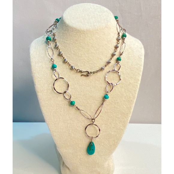 Turquoise Color Bead And Chain Opera Open Work Necklace - Picture 8 of 8